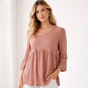 POL Womens Dusty Rose Lace Trim Bell Sleeve Babydoll Tunic Top Size Medium Boho